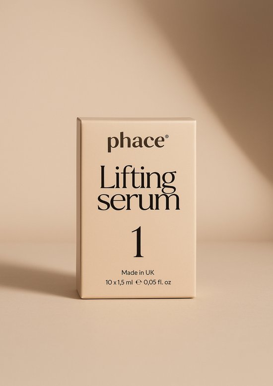 Crèmekleurig doosje met 'phace Lifting serum 1' en 'Made in UK'.