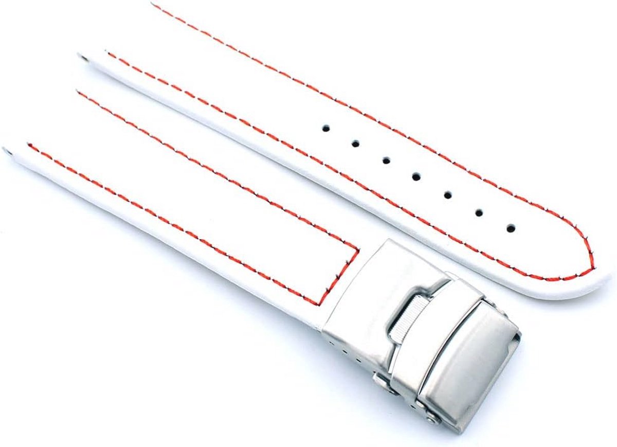 Echt leren horlogebandje met roestvrijstalen vouwsluiting en witte naad
