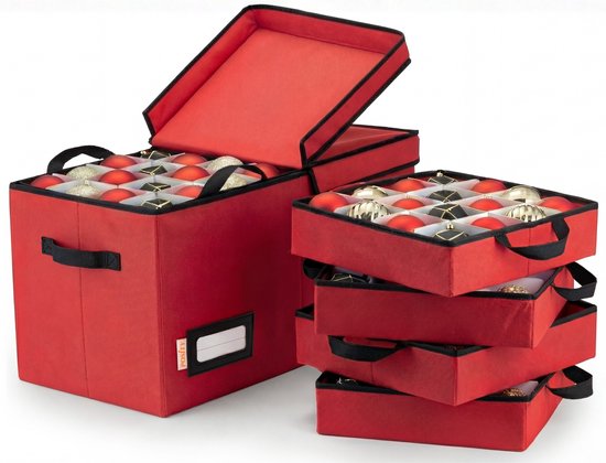 Posity Opbergbox Boules de Noël – Rangement pour boules de Noël / Boîte à boules de Noël / Rangement Noël – Pour 128 boules de Noël – Met Poignée & Couvercle de fermeture – Rouge