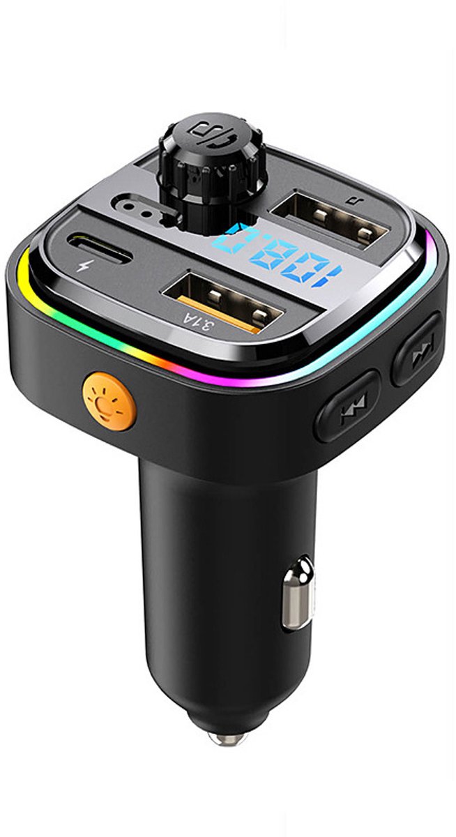 Bluetooth MP3-speler voor in de auto met FM-frequentie, digitaal display en snellader.