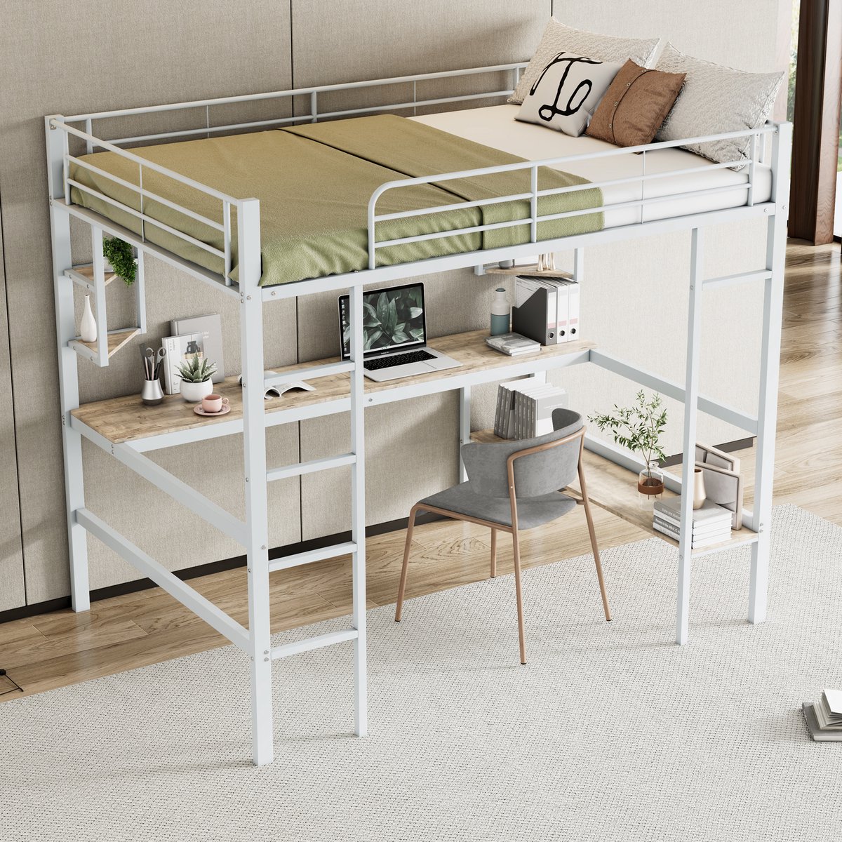 REDOM Bedframe 140x200 cm – Hoogslaper met bureau, boekenplank & trap – Metaal/MDF – Wit – EN747