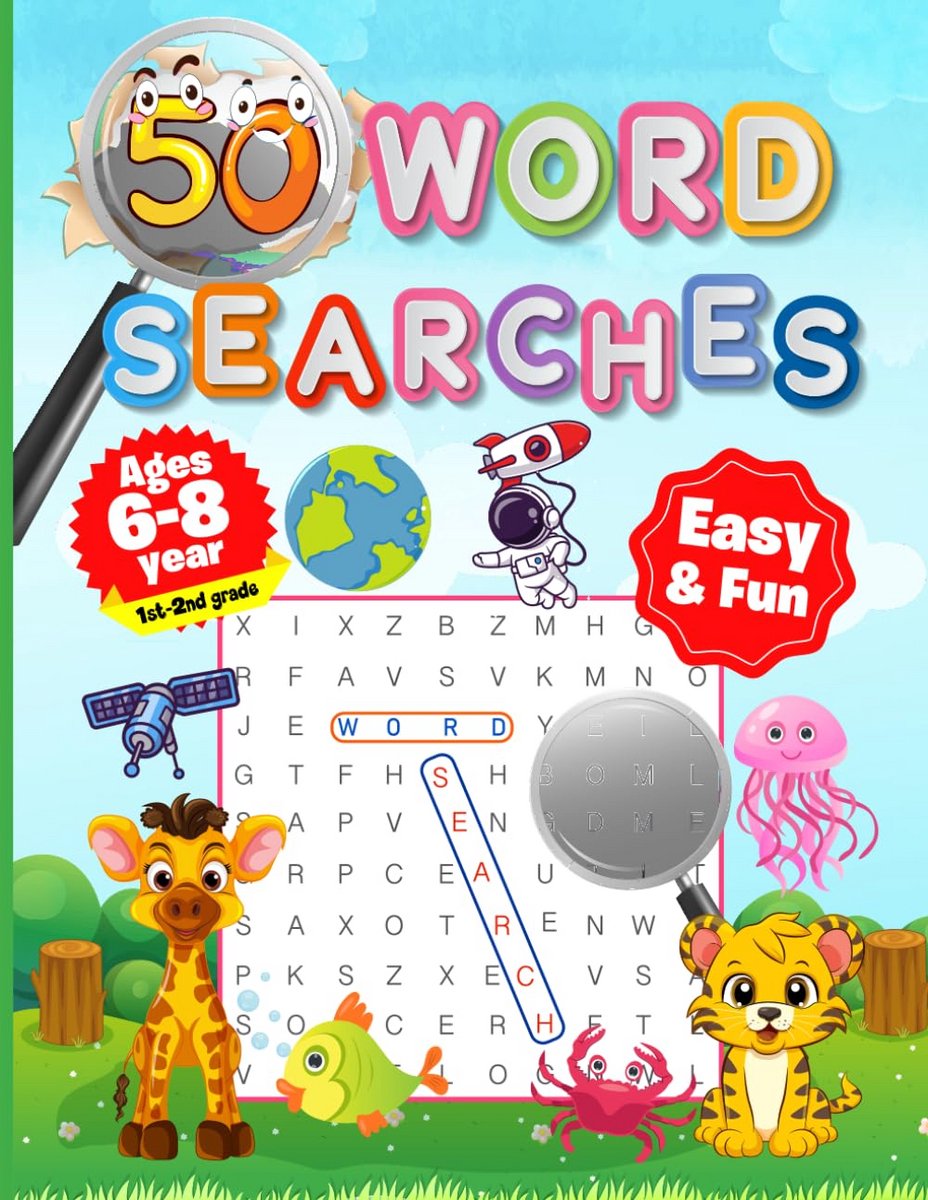 Woordzoeker Puzzelboek voor Kinderen 6-8 Jaar - 50 Puzzels met Thema's