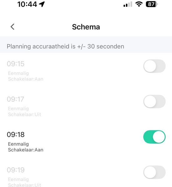 Screenshot van de app met schema-instellingen voor de heater.