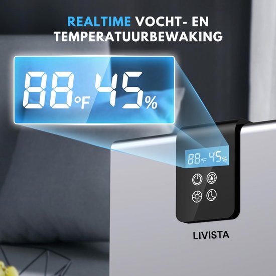 Close-up van het digitale display van de Livista luchtontvochtiger, met realtime vocht- en temperatuurweergave (88°F 45%).