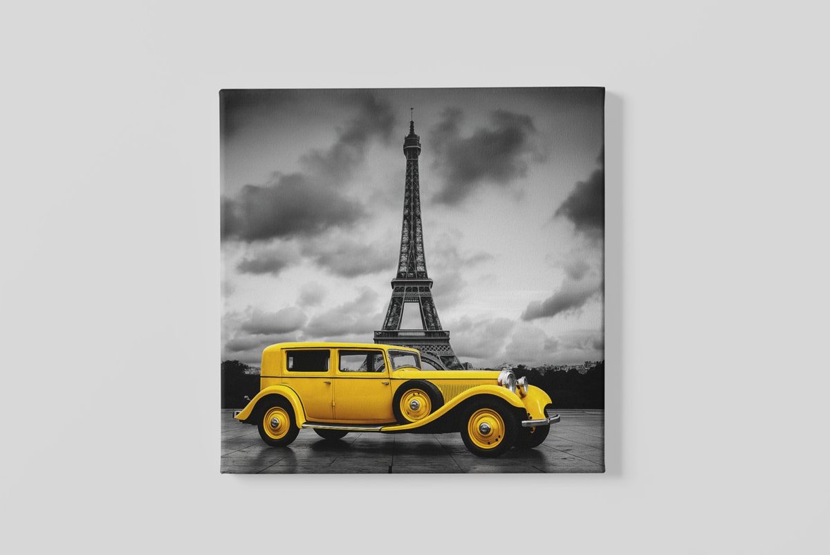 Trendex Global Vierkant Canvas Schilderij - Gele Auto - Eiffeltoren - 60x60 cm Geel