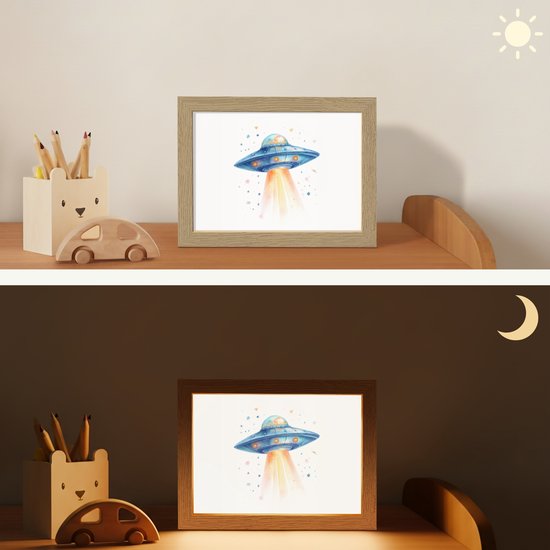 Nachtlampje 20x15 cm - Kinder lampje - Ruimte - Ufo - Sterren - Tafellamp kinderkamer - Slaapkamer lamp - Bedlamp kinderen - Kinderlampje stopcontact - Wandlamp babykamer - Nachtlampjes van OnlyWow — afbeelding 4