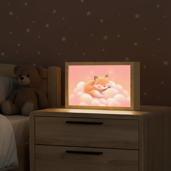 Nachtlampje 30x20 cm - Kinder lampje - Wolken - Vos - Oranje - Sterren - Tafellamp kinderkamer - Slaapkamer lamp - Bedlamp kinderen - Kinderlampje stopcontact - Wandlamp babykamer - Nachtlampjes van OnlyWow — afbeelding 2