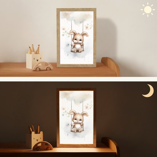 Nachtlampje 20x30 cm - Kinder lampje - Konijn - Baby dier - Kinderen - Tafellamp kinderkamer - Slaapkamer lamp - Bedlamp kinderen - Kinderlampje stopcontact - Wandlamp babykamer - Nachtlampjes van OnlyWow — afbeelding 4
