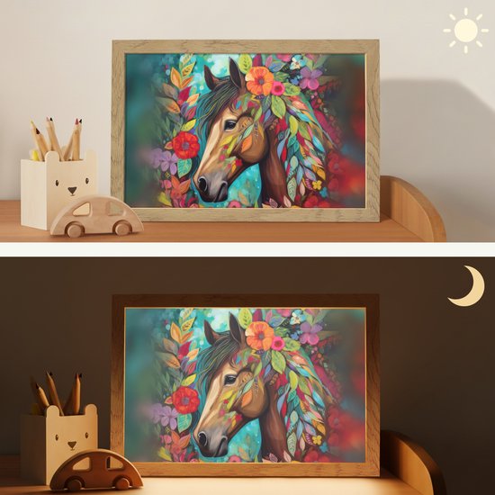 Nachtlampje 30x20 cm - Kinder lampje - Paard - Bloemen - Schilderij - Natuur - Verf - Tafellamp kinderkamer - Slaapkamer lamp - Bedlamp kinderen - Kinderlampje stopcontact - Wandlamp babykamer - Nachtlampjes van OnlyWow — afbeelding 4