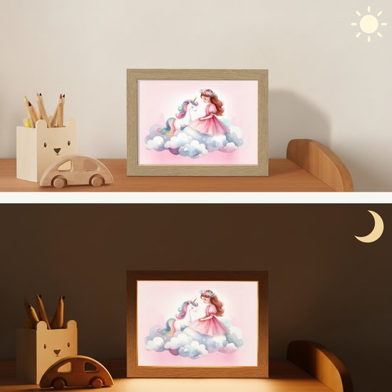 Nachtlampje 20x15 cm - Kinder lampje - Eenhoorn - Prinses - Unicorn - Roze - Wolken - Tafellamp kinderkamer - Slaapkamer lamp - Bedlamp kinderen - Kinderlampje stopcontact - Wandlamp babykamer - Nachtlampjes van Merkloos — afbeelding 4