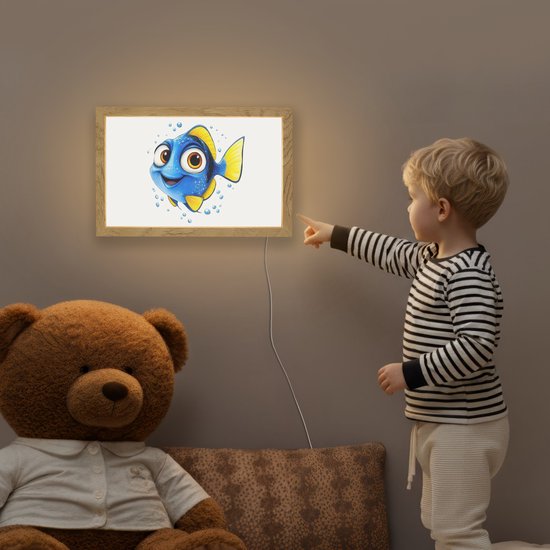 Nachtlampje 30x20 cm - Kinder lampje - Doktersvis - Blauw - Vis - Spetters - Tafellamp kinderkamer - Slaapkamer lamp - Bedlamp kinderen - Kinderlampje stopcontact - Wandlamp babykamer - Nachtlampjes van OnlyWow — afbeelding 5