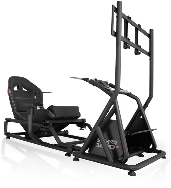 Simulateur de course REBBLERS SIMR 1000 noir avec siège baquet et support TV.