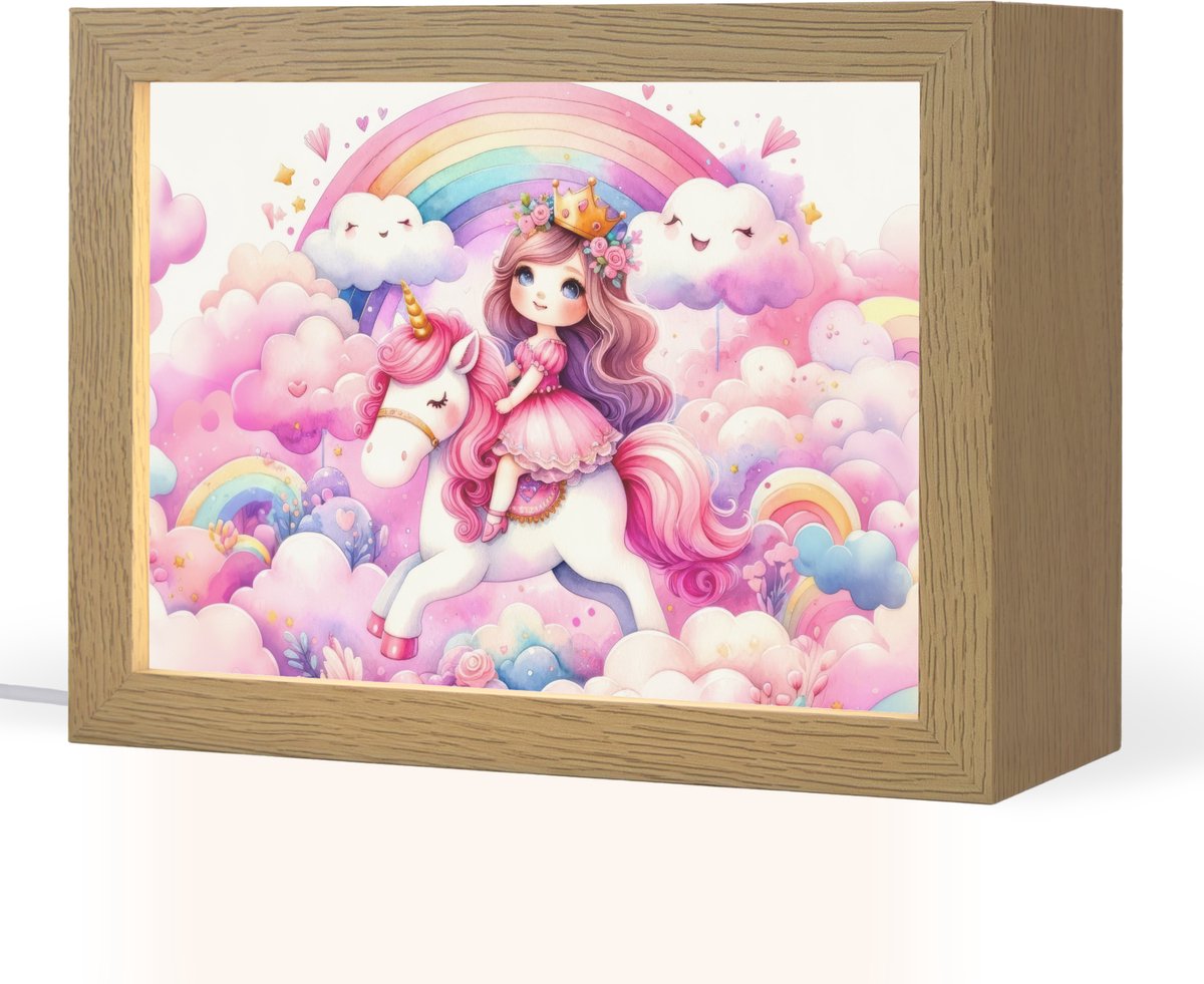 Nachtlampje 20x15 cm - Kinder lampje - Eenhoorn - Prinses - Unicorn - Roze - Regenboog - Tafellamp kinderkamer - Slaapkamer lamp - Bedlamp kinderen - Kinderlampje stopcontact - Wandlamp babykamer - Nachtlampjes