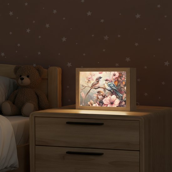 Nachtlampje 20x15 cm - Kinder lampje - Vogels - Bloemen - Roze - Pastel - Tafellamp kinderkamer - Slaapkamer lamp - Bedlamp kinderen - Kinderlampje stopcontact - Wandlamp babykamer - Nachtlampjes van Merkloos — afbeelding 2