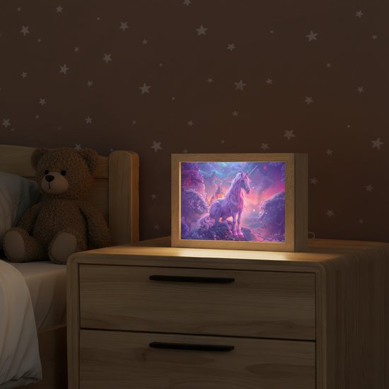 Nachtlampje 20x15 cm - Kinder lampje - Eenhoorn - Fantasy - Kasteel - Meisje - Paars - Roze - Tafellamp kinderkamer - Slaapkamer lamp - Bedlamp kinderen - Kinderlampje stopcontact - Wandlamp babykamer - Nachtlampjes van OnlyWow — afbeelding 2
