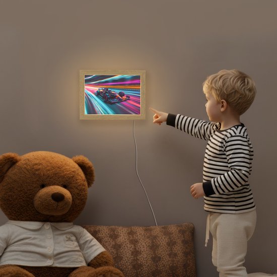 Nachtlampje 20x15 cm - Kinder lampje - Racen - Auto - Race - Jongens - Kleurrijk - Tafellamp kinderkamer - Slaapkamer lamp - Bedlamp kinderen - Kinderlampje stopcontact - Wandlamp babykamer - Nachtlampjes van Merkloos — afbeelding 5
