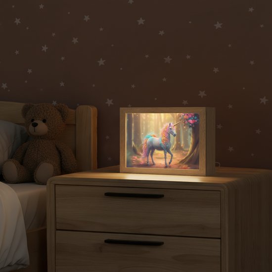 Nachtlampje 20x15 cm - Kinder lampje - Eenhoorn - Bos - Kleurrijk - Bloemen - Meiden - Tafellamp kinderkamer - Slaapkamer lamp - Bedlamp kinderen - Kinderlampje stopcontact - Wandlamp babykamer - Nachtlampjes van Merkloos — afbeelding 2