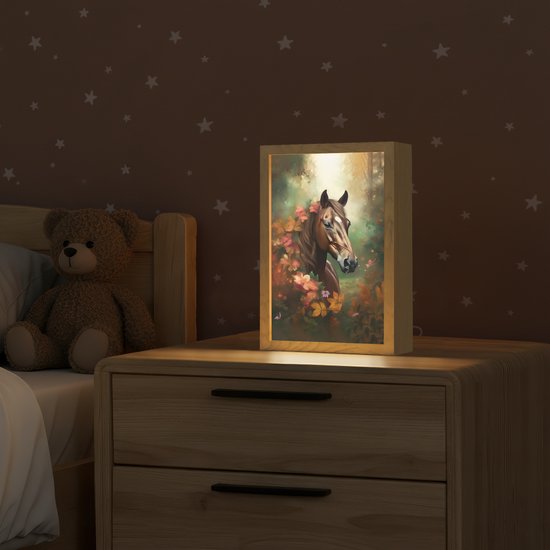 Nachtlampje 20x30 cm - Kinder lampje - Paard - Bloemen - Natuur - Dieren - Bos - Oranje - Tafellamp kinderkamer - Slaapkamer lamp - Bedlamp kinderen - Kinderlampje stopcontact - Wandlamp babykamer - Nachtlampjes van OnlyWow — afbeelding 2