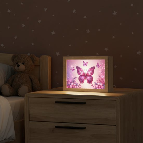Nachtlampje 20x15 cm - Kinder lampje - Vlinder - Roze - Bloemen - Tafellamp kinderkamer - Slaapkamer lamp - Bedlamp kinderen - Kinderlampje stopcontact - Wandlamp babykamer - Nachtlampjes van Merkloos — afbeelding 2