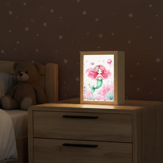 Nachtlampje 15x20 cm - Kinder lampje - Zeemeermin - Roze - Zeedieren - Onderwater - Tafellamp kinderkamer - Slaapkamer lamp - Bedlamp kinderen - Kinderlampje stopcontact - Wandlamp babykamer - Nachtlampjes van Home Living — afbeelding 2