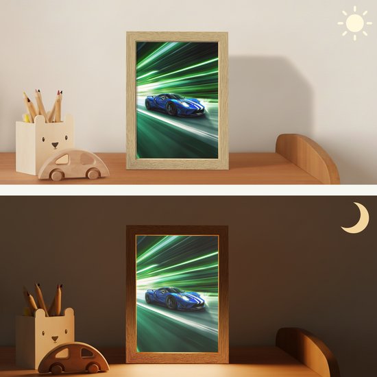 Nachtlampje 15x20 cm - Kinder lampje - Race auto - Blauw - Groen - Tafellamp kinderkamer - Slaapkamer lamp - Bedlamp kinderen - Kinderlampje stopcontact - Wandlamp babykamer - Nachtlampjes van OnlyWow — afbeelding 4