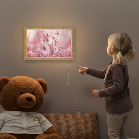 Nachtlampje 30x20 cm - Kinder lamp - Eenhoorn - Roze - Vlinders - Bloemen - Tafellamp kinderkamer - Slaapkamer lamp - Bedlamp kinderen - Kinderlampje stopcontact - Wandlamp babykamer - Nachtlampjes van DecoAction — afbeelding 5