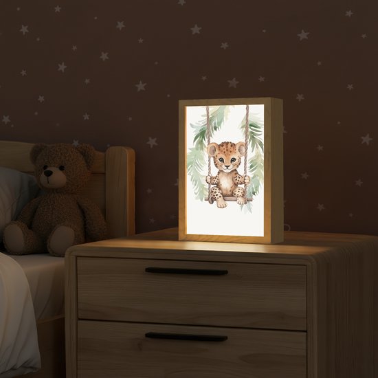 Nachtlampje 20x30 cm - Kinder lampje - Luipaard - Dier - Kinderen - Jungle - Tafellamp kinderkamer - Slaapkamer lamp - Bedlamp kinderen - Kinderlampje stopcontact - Wandlamp babykamer - Nachtlampjes van OnlyWow — afbeelding 2