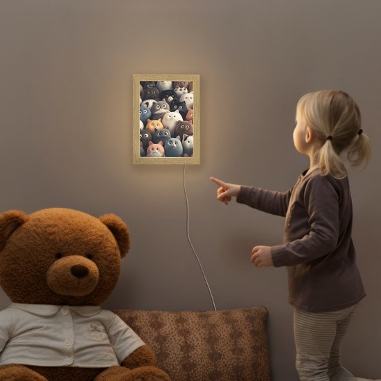 Nachtlampje 15x20 cm - Kinder lampje - Kat - Dieren - Poes - Patroon - Jongen - Meisje - Tafellamp kinderkamer - Slaapkamer lamp - Bedlamp kinderen - Kinderlampje stopcontact - Wandlamp babykamer - Nachtlampjes van OnlyWow — afbeelding 5