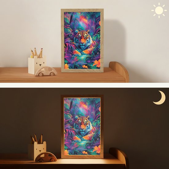 Nachtlampje 20x30 cm - Kinder lampje - Tijger - Dier - Jungle - Kleurrijk - Tafellamp kinderkamer - Slaapkamer lamp - Bedlamp kinderen - Kinderlampje stopcontact - Wandlamp babykamer - Nachtlampjes van DecoAction — afbeelding 4