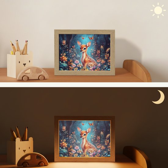 Nachtlampje 20x15 cm - Kinder lamp - Hert - Magisch - Sprookjesbos - Tafellamp kinderkamer - Slaapkamer lamp - Bedlamp kinderen - Kinderlampje stopcontact - Wandlamp babykamer - Nachtlampjes van Decoways — afbeelding 4
