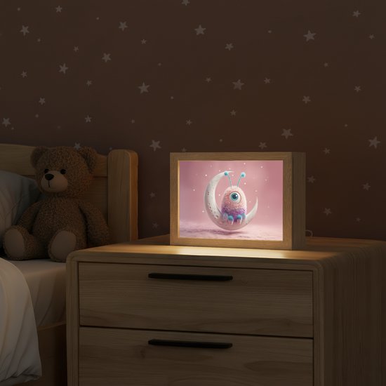 Nachtlampje 20x15 cm - Kinder lampje - Maan - Monster - Roze - Tafellamp kinderkamer - Slaapkamer lamp - Bedlamp kinderen - Kinderlampje stopcontact - Wandlamp babykamer - Nachtlampjes van OnlyWow — afbeelding 2