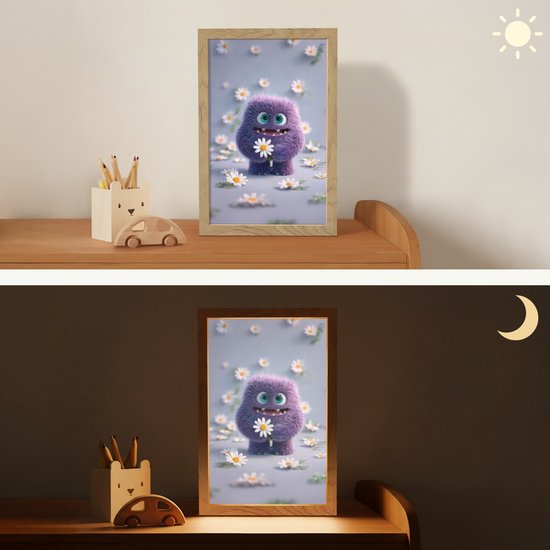 Nachtlampje 20x30 cm - Kinder lampje - Monster - Paars - Madeliefjes - Tafellamp kinderkamer - Slaapkamer lamp - Bedlamp kinderen - Kinderlampje stopcontact - Wandlamp babykamer - Nachtlampjes van OnlyWow — afbeelding 4