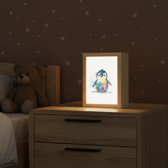 Nachtlampje 15x20 cm - Kinder lampje - Pinguïn - Regenboog - Waterverf - Dieren - Kinderen - Tafellamp kinderkamer - Slaapkamer lamp - Bedlamp kinderen - Kinderlampje stopcontact - Wandlamp babykamer - Nachtlampjes van OnlyWow — afbeelding 2