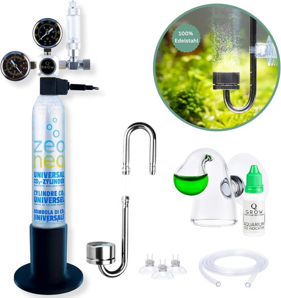 Compleet CO2 Systeem voor Aquarium 500L - Diffuser, Drukregelaar, Testvloeistof, Bellenmeter, 425g Fles