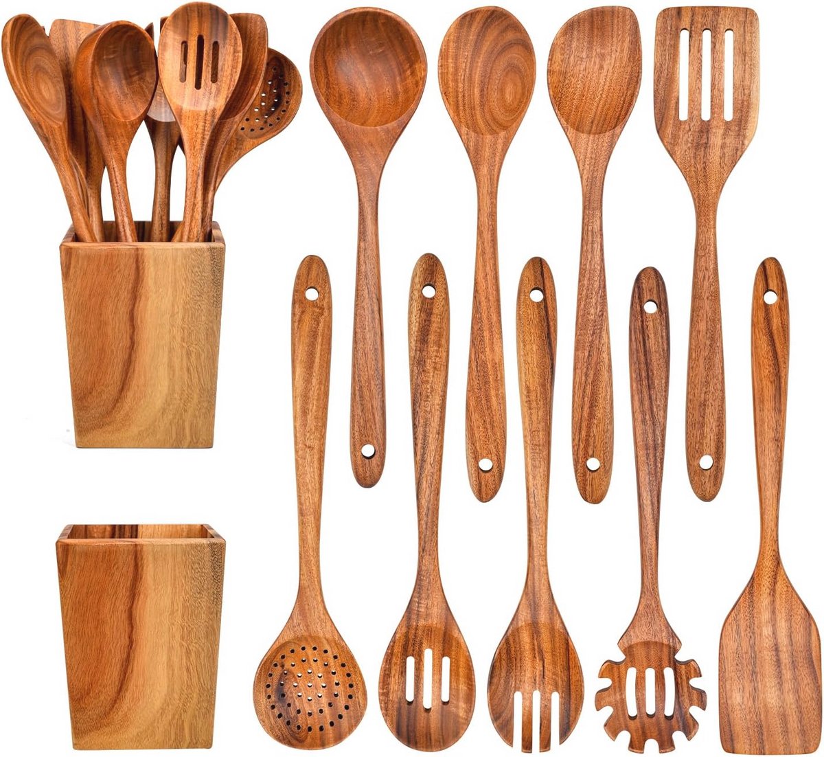 Houten Koken Lepels Set - 9 Stuks van Natuurlijk Teak met Houder