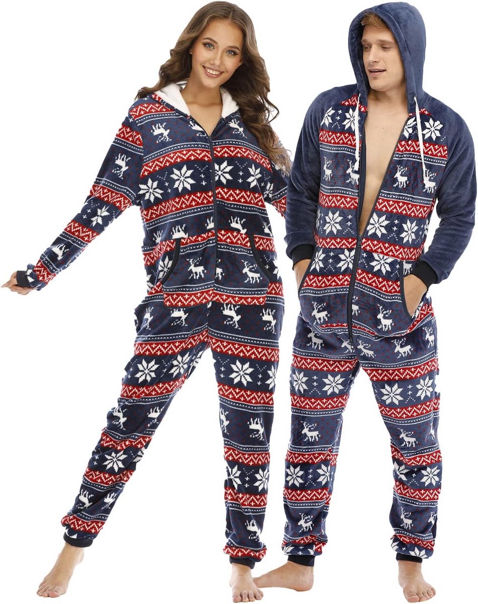 Bijpassende Kerst Onesie voor Paren in Warme Flanel Fleece met Capuchon