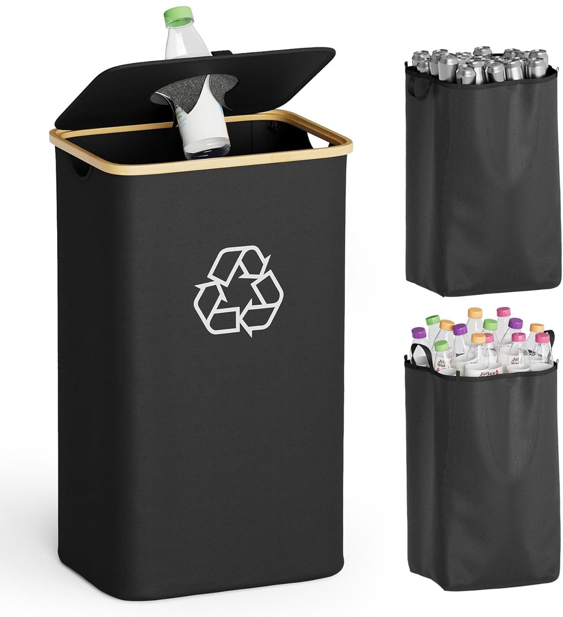 SpaceAid Recyclagebak Keuken 26 Gallon (100L) - Met Deksel & 2 Herbruikbare Binnenzakken - Geschikt voor Flessen, Blikken, Glas & Plastic - Zwart