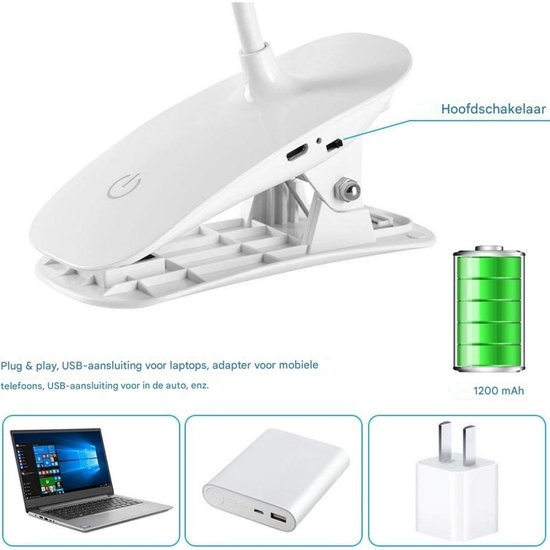 GELLDG LED-bureaulamp - Draadloze bureaulamp - Tafellamp met klembevestiging - 360° draaibaar - 3 helderheidsniveaus - 1200 mAh oplaadbare batterij - Clip-on ontwerp - USB-aansluiting — afbeelding 2