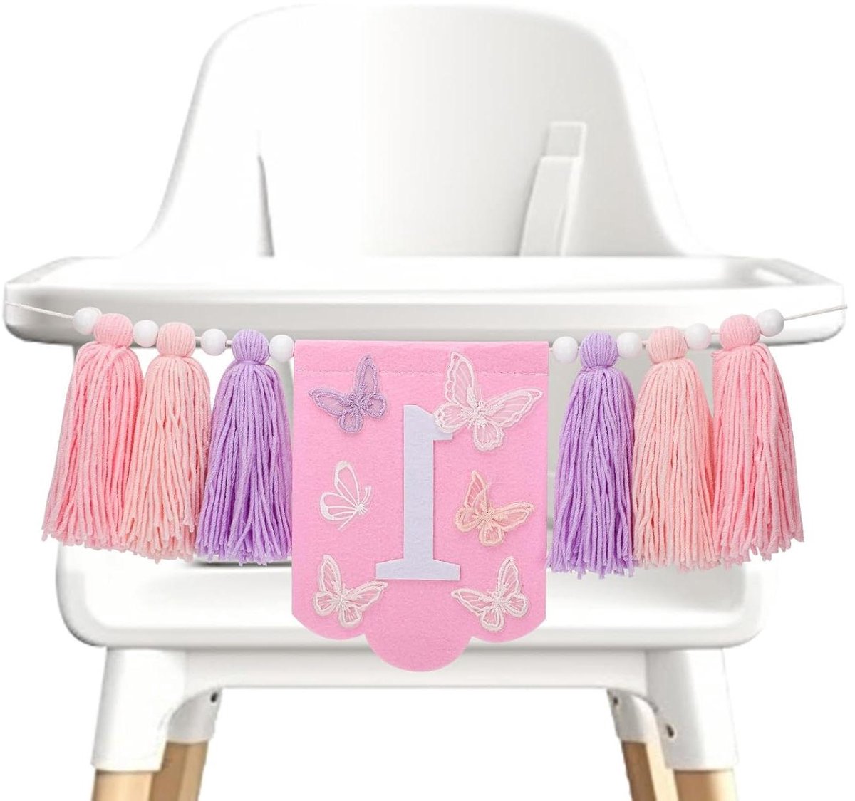 Allecta - Vlinder Kinderstoel Banner voor Eerste Verjaardag met Roze Paarse Kwastje - Schattige Vlinder Decoraties voor Meisjeskamer
