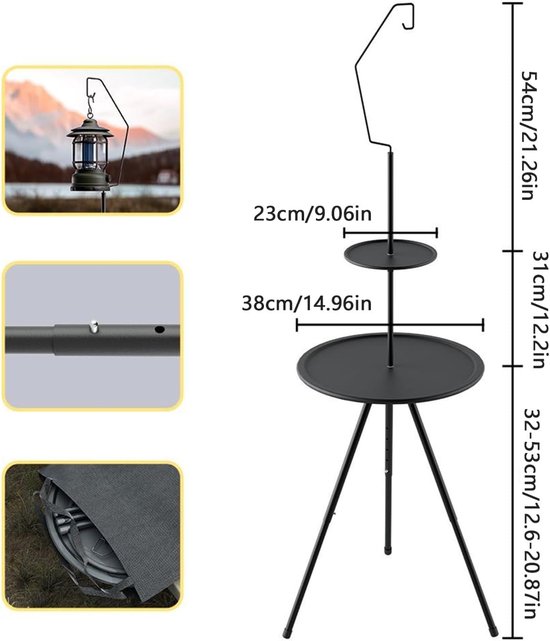 Ronde Opvouwbare Campingtafel - Dubbele Laag - Lampenhouder - Driehoekig Onderstel - Compact Design - Voor Outdoor Activiteiten En Bbq - Kleine Ronde Tafel - 1 Stuk - Zwart — afbeelding 3