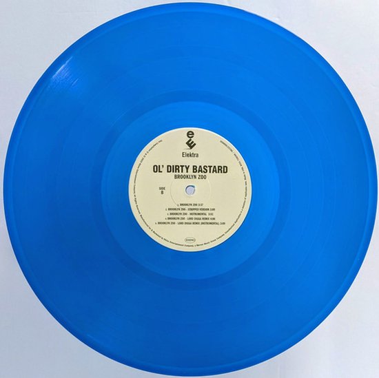 Een helderblauwe vinylplaat met een geel Elektra-label in het midden. Tracklist voor 'Brooklyn Zoo'.