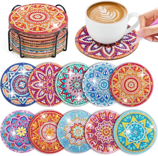 Lot de 10 sous-verres Peinture de diamants(avec support), dessous de verre Diamond , bricolage Peinture de diamants pour adultes, dessous de verre mandala, DIY , Basis en liège bois, kit créatif pour Enfants et Adultes