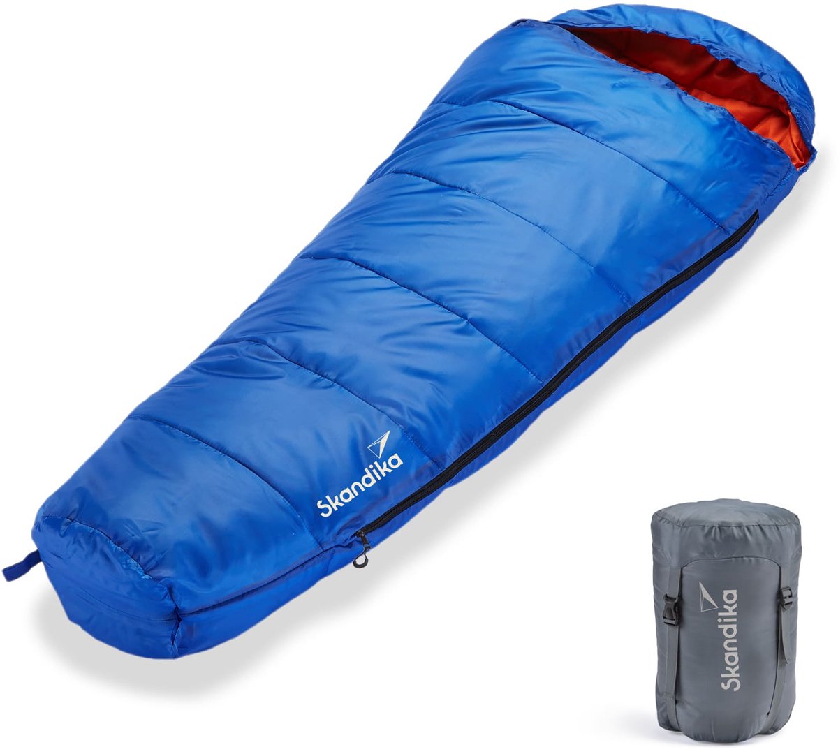 Skandika Vegas Junior Slaapzak – Mummieslaapzakken – Slaapzakken kinderen – Zachte binnenvoering, waterafstotend - 170x70 cm – Draagtas meegeleverd - Comfortbereik 12 tot 3°C - Max. Lichaamslengte 140 cm - kampeerslaapzak – blauw/oranje
