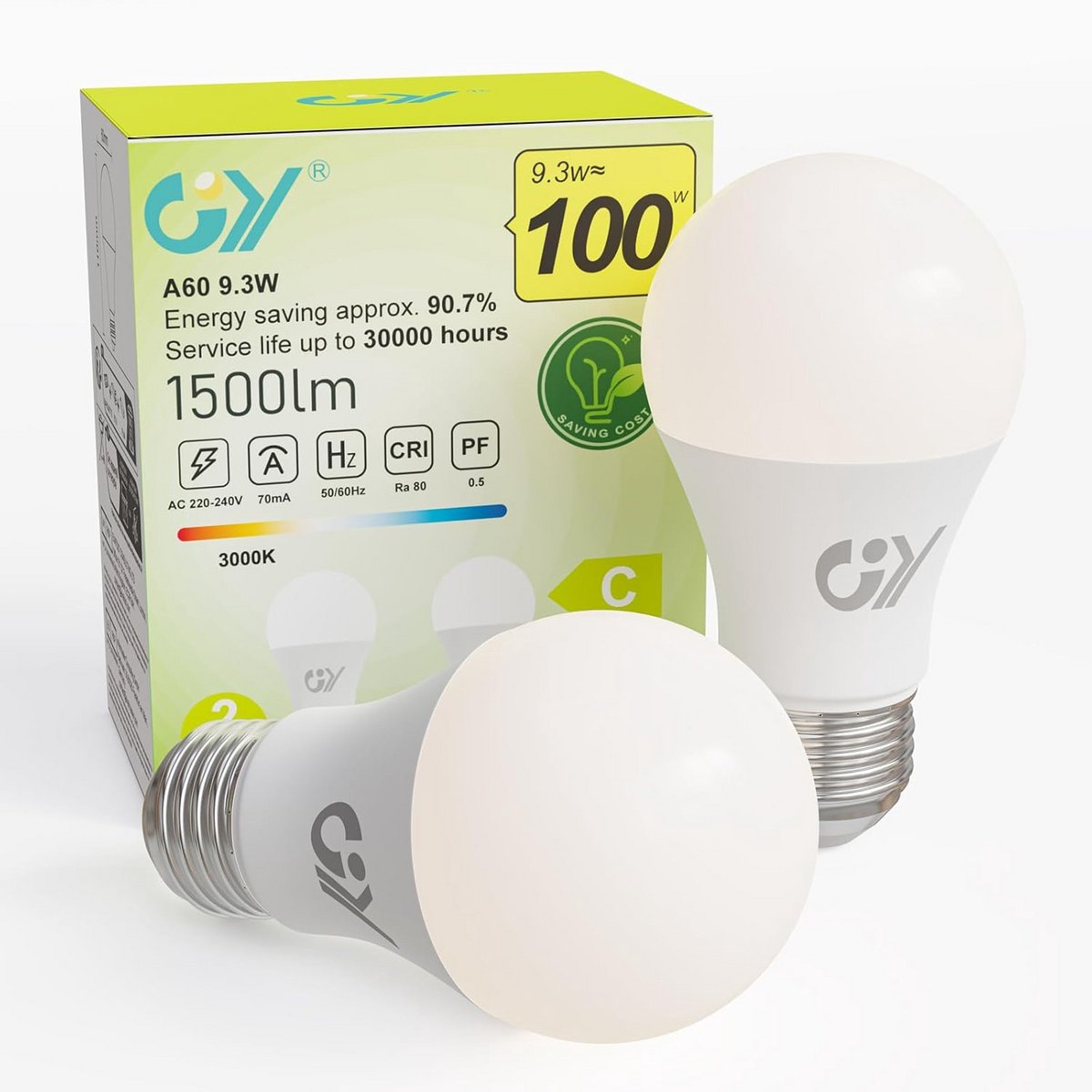 Set van 2 E27 LED Lampen Warm Wit 9.3W - 1500 Lumen Vervanger Gloeilamp 100W