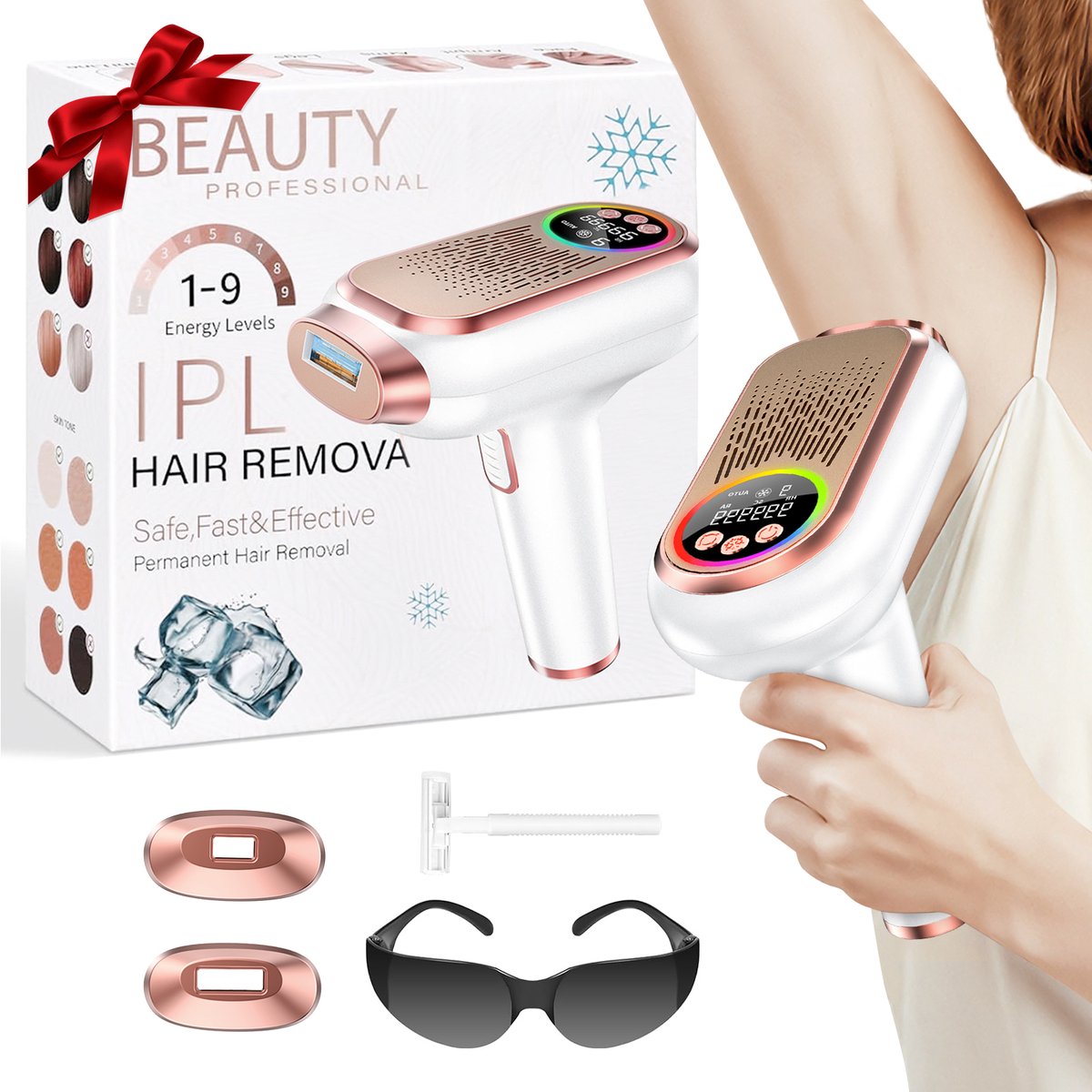 RAYOFI IPL Laser Ontharingsapparaat met Ice-coolfunctie - 9 Verschillende Standen - Beschermbril –Permanente Haartjes Verwijdering, Gezicht Verjonging & Pigmentvlekken Behandeling - Laser Ontharingsapparaat - 2 jaar garantie - Wit