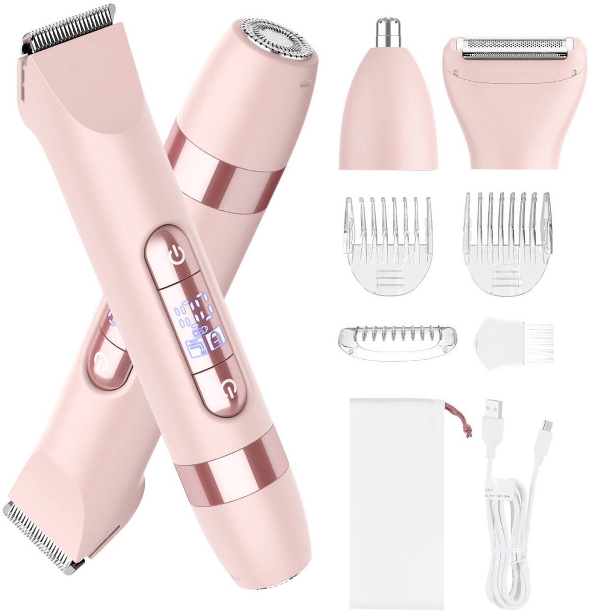 HATTEKER Multifunctionele Ladyshave & Trimmer Set - Tweezijdig Ontwerp - Neus-/Oksel-/Gezichtstrimmer - 4-in-1- voor Lichaam, Gezicht en Neus - Roze