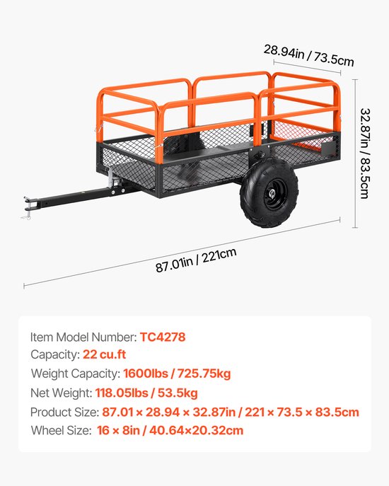 Tuinaanhanger, 620L Laadvermogen & 725kg, Te Trekken Stalen Kipper met Afneembaar Achterpaneel, Duurzame Tuinaanhanger voor Grasmaaiers, Tractoren en Tuinwerkzaamheden van Merkloos — afbeelding 5
