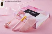 Beauty Goods - Jade Roller - Luxe 3-in-1 massageset - Rose Quartz Gezichtsroller - + GRATIS GEZICHTSMASKER- Huidverzorging - Rimpels verwijderen - Onderkin & Donkere kringen onder