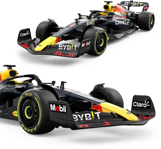 Twee detailfoto's van de voorkant van een zwarte Red Bull RB18 F1 auto.