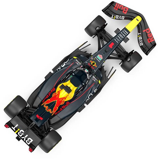 Bovenaanzicht van een zwarte Red Bull RB18 F1 raceauto met Red Bull logo.